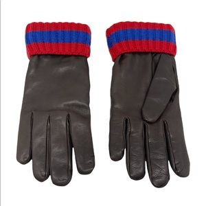 Gucci New Dark Brown Leather Web Signature Lambskin Cashmere Men’s Gloves